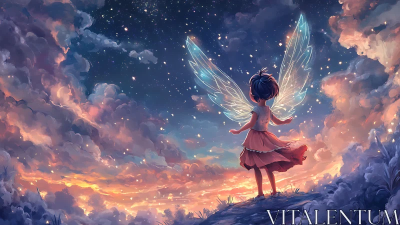 Child with luminous wings stands on hill under glowing sky