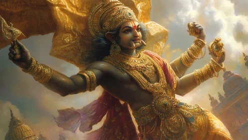 Divine warrior surges through golden skies above ancient temples