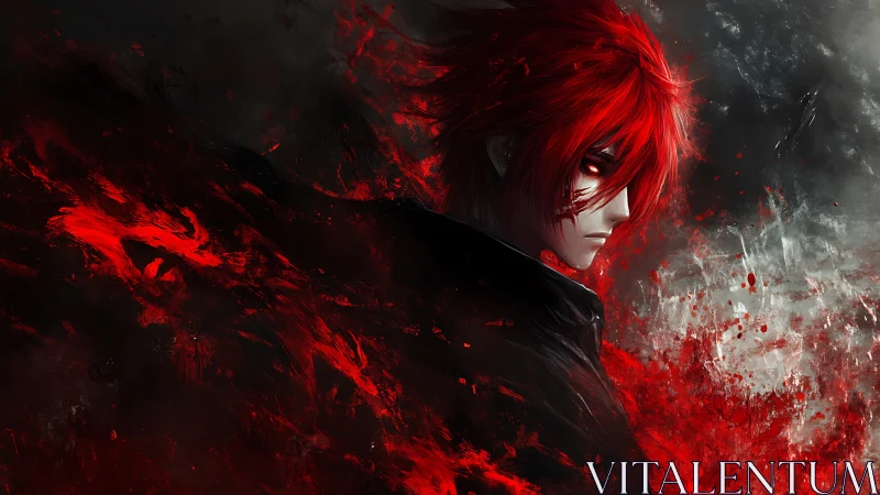 Crimson haired warrior amid explosive abstract bloodstorm.