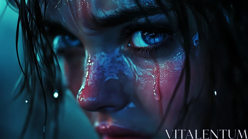 Storm-lit tear tracks blaze across electric blue eyes.