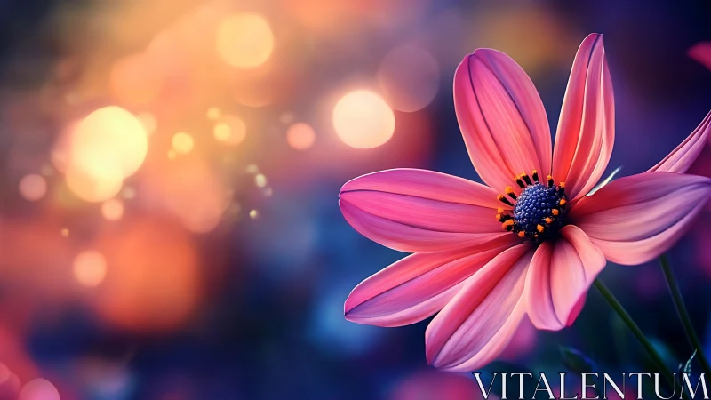Pink Cosmos Flower Blooms Against Bokeh Sunset Lights
