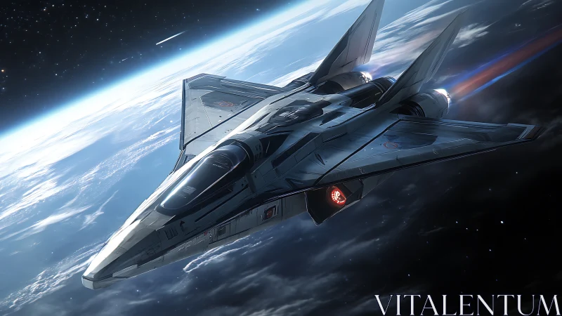 Angular armed spacecraft in low planetary orbit above clouds.