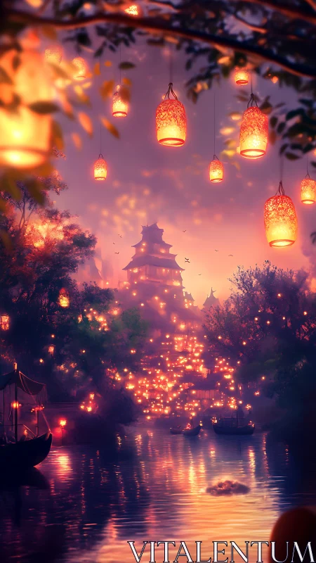 Lanterns over river leading to distant pagoda at dusk.