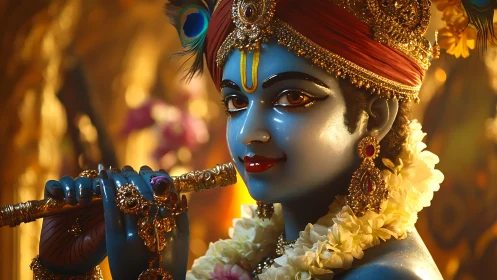 Blue-skinned divine flute player adorned with ornate gold jewels