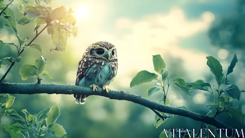 Adorable Owl on Branch in Soft Sunlight, Dreamy Nature Scene.