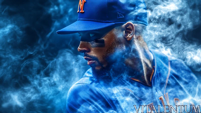 Electric blue ballplayer focused in swirling stadium haze.