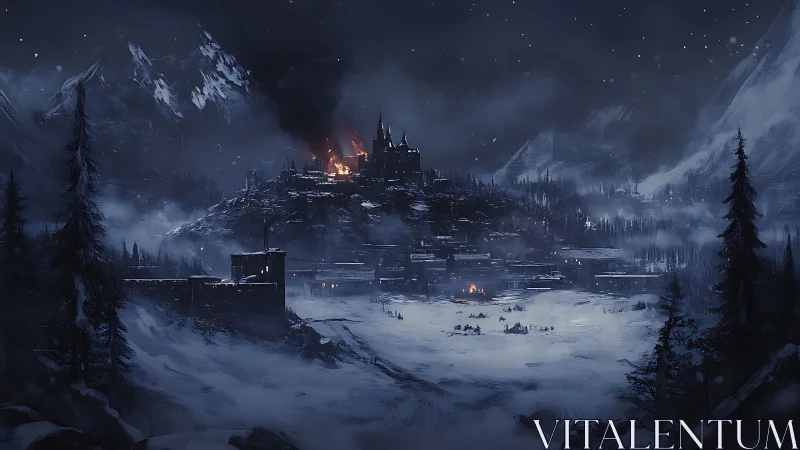 Burning mountain fortress glows over a bleak winter valley