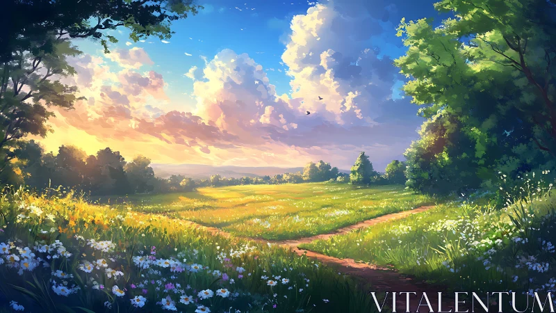 Sunlit meadow landscape with clouds and distant tree line.