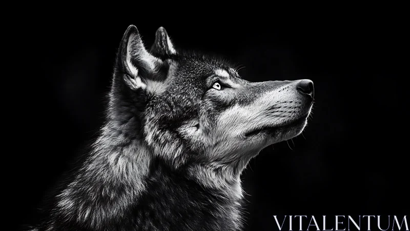 Lone wolf gazes upward in stark monochrome silence