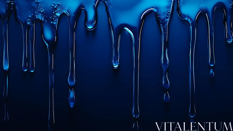 3D luminous blue liquid drips on dark gradient backdrop.