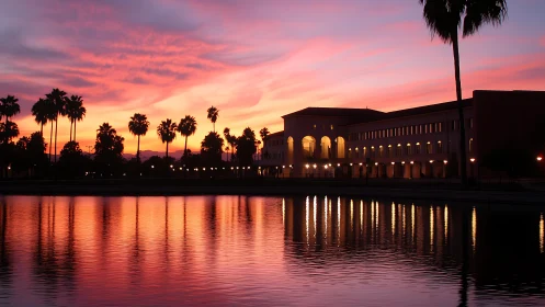 Palm-lined waterfront campus glows beneath a radiant sunset
