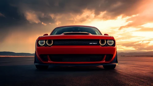 Sunlit muscle car stands bold and ready on an open highway