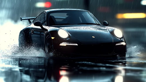 Sleek sports car slices through neon city rain at speed