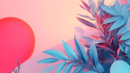 Soft gradient sun with stylized blue foliage in focus.