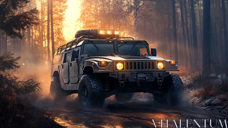 Off-road SUV driving through misty forest at sunrise.