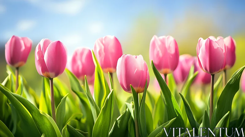 Pink tulip symphony dances across sun-drenched meadow stage