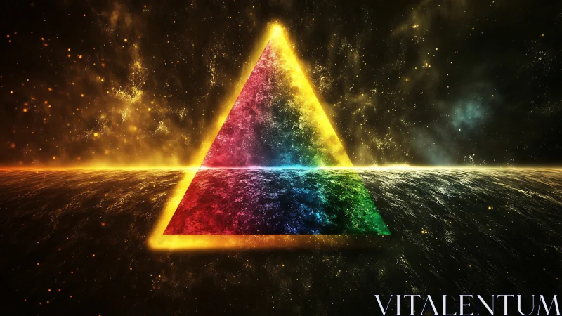 Radiant cosmic prism glows over a shimmering dark horizon