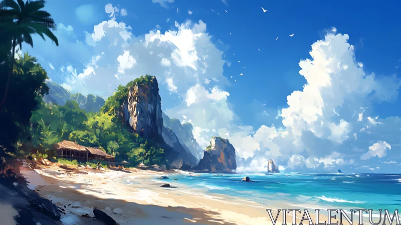 Tropical Paradise Beach with Towering Cliffs and Turquoise Waters