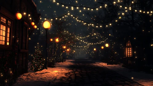 Snowy village street under warm festive string lights.