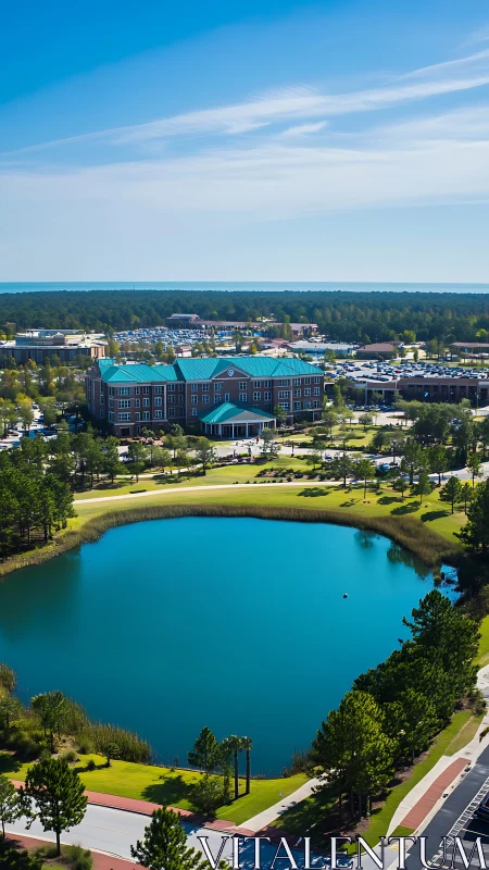 Lakeside campus oasis under bright coastal blue skies.