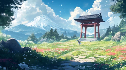 Gateway of petals beneath a cloud crowned mountain dream.