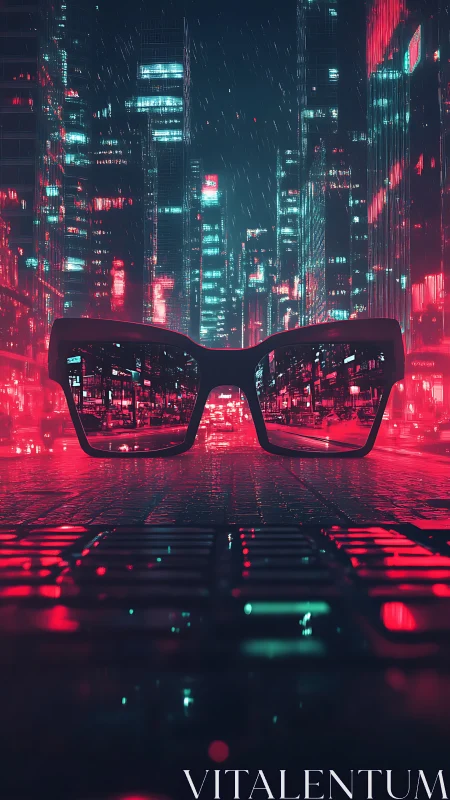 Neon city lights shine through bold glasses on wet streets