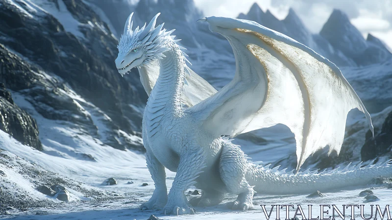 Gentle ice dragon resting proudly in a snowy mountain realm.