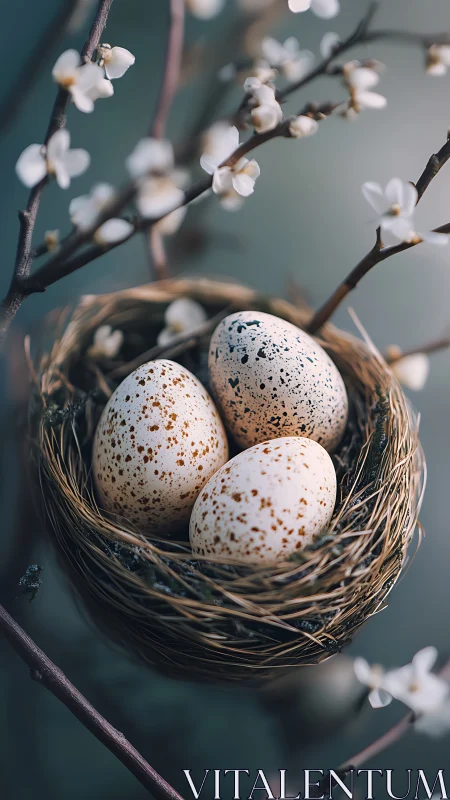Three speckled eggs rest in a nest among flowering branches