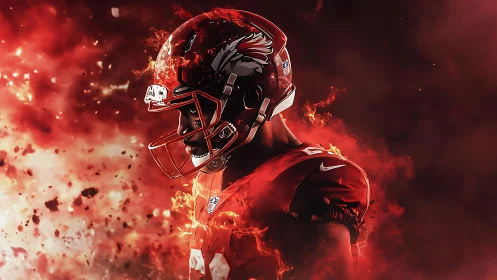 American football player stands in red smoke and embers
