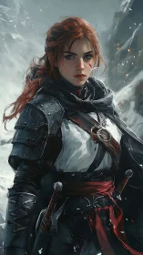 Armored red‑haired ranger in snowbound mountain pass