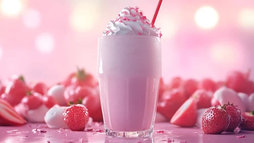 Photorealistic strawberry milkshake with bokeh dessert styling.