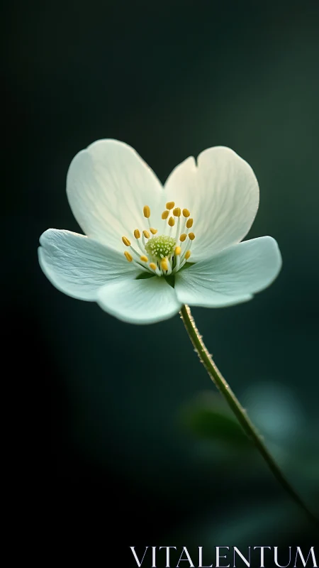 Macro botanical close-up of single white woodland blossom.