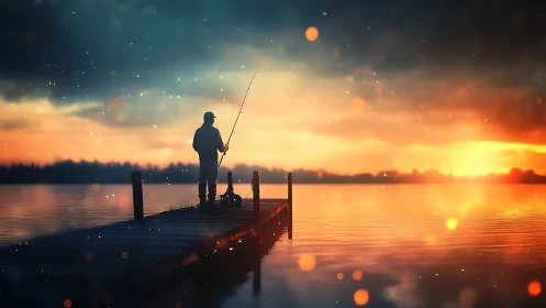 Lone fisherman stands on wooden dock at vivid sunset sky.