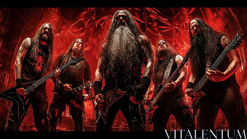 Thunderous metal band united in a fierce red stage glow.
