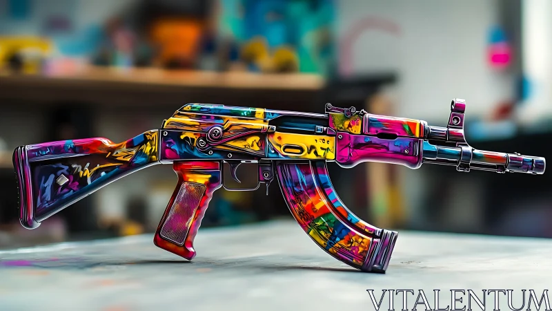 Neon-splashed assault rifle rendered in hyperreal colors.