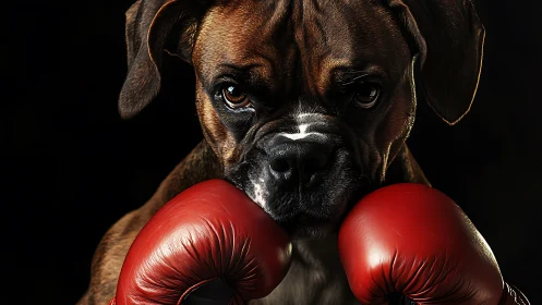 Boxer Dog in Red Boxing Gloves Against Black Background