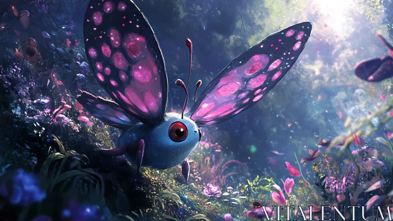 Winged insect-like creature in dense luminous forest scene.