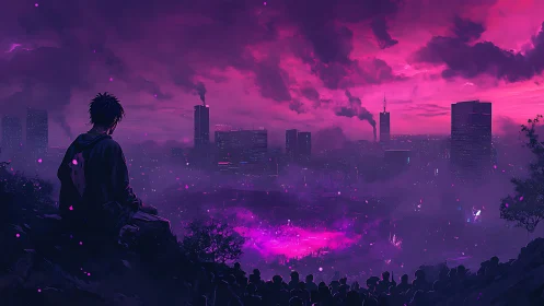 Solitary figure above neon magenta cyberpunk cityscape.