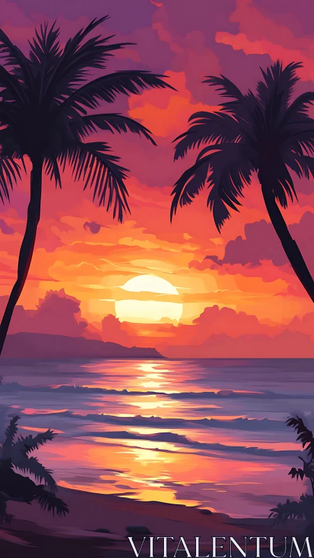 Digital painting sunset seascape with silhouetted palm framing.
