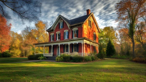 Victorian brick house on landscaped lawn under dynamic autumn sky