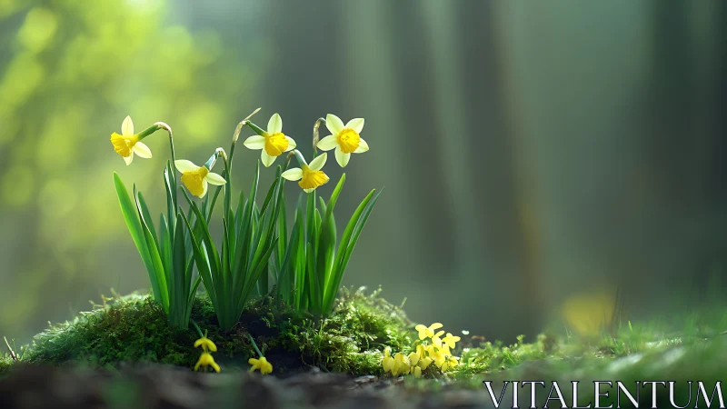 Spring Daffodils on Moss: Botanical Depth of Field Composition.