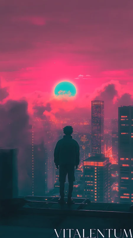 Quiet rooftop dreamer beneath a neon pink city sky.