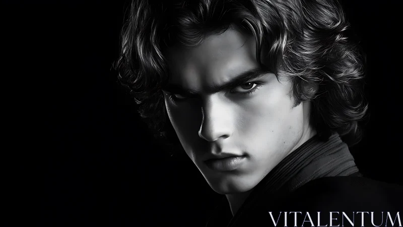 High-contrast male portrait with dramatic chiaroscuro lighting.