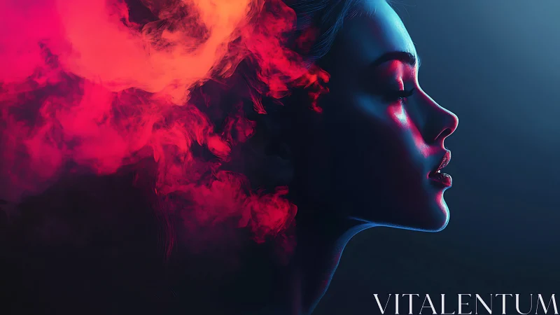 Profiled neon portrait merges with swirling crimson smoke