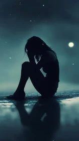 Silhouetted figure seated alone by reflective water surface.