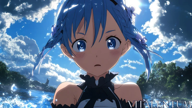 Backlit anime girl in high-contrast aquatic skyfield scene.