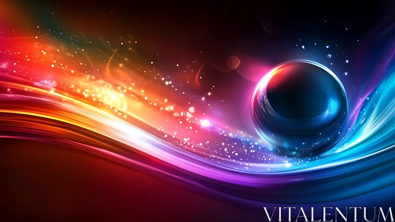 Spherical object amid multicolored flowing light streaks.