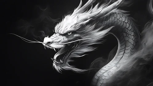 White dragon coils through smoke on a dark ethereal void