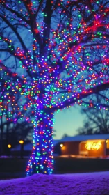 Tree trunk is wrapped in multicolored outdoor string lights