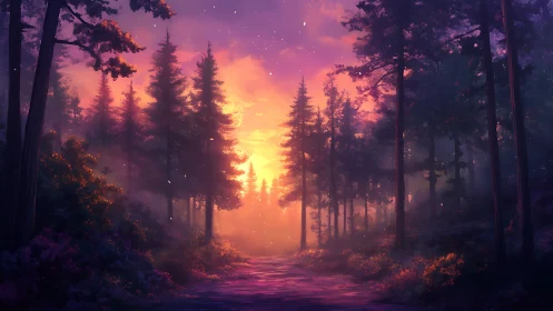 Forest Path at Dusk with Atmospheric Haze.